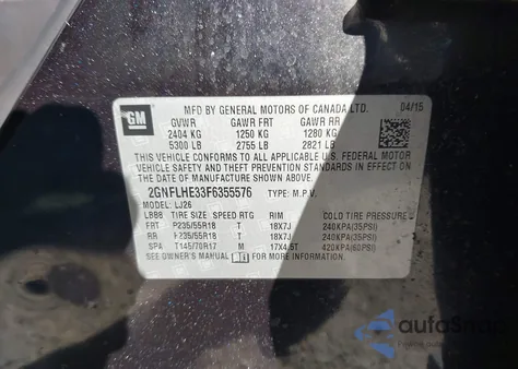 2015 Chevrolet Equinox Ltz из США, поврежденный, VIN 2GNFLHE33F6355576